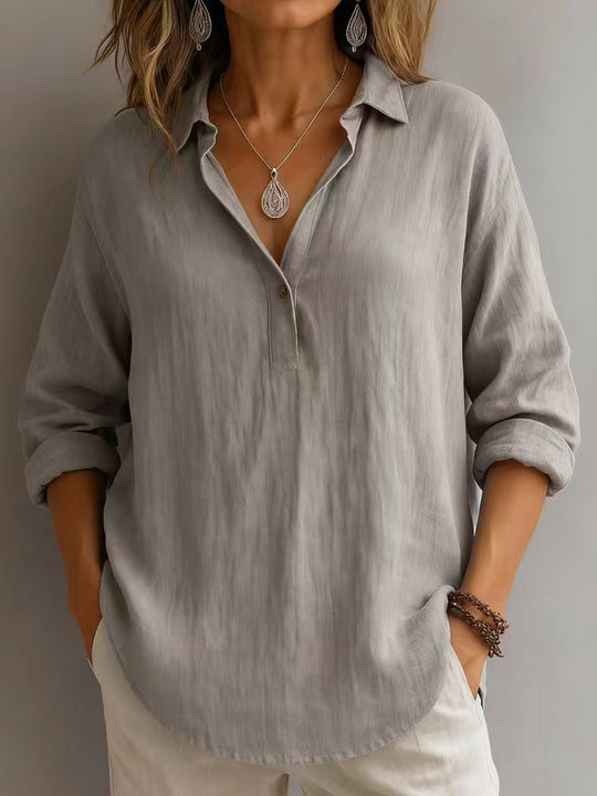 Damen lässige Bluse mit V-Ausschnitt und geknöpftem Kragen R&B