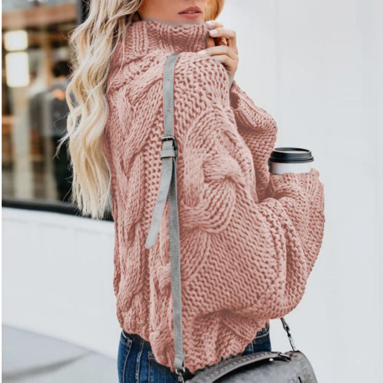 Damen Grobstrickpullover mit hohem Kragen und Zopfmuster R&B