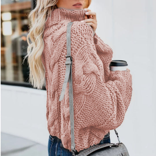 Damen Grobstrickpullover mit hohem Kragen und Zopfmuster R&B