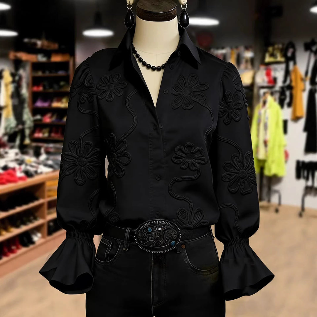 Damen elegante Bluse mit floraler Stickerei und voluminösen Ärmeln R&B