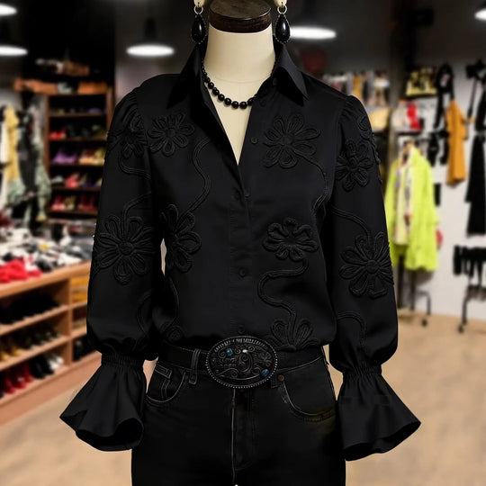 Damen elegante Bluse mit floraler Stickerei und voluminösen Ärmeln R&B