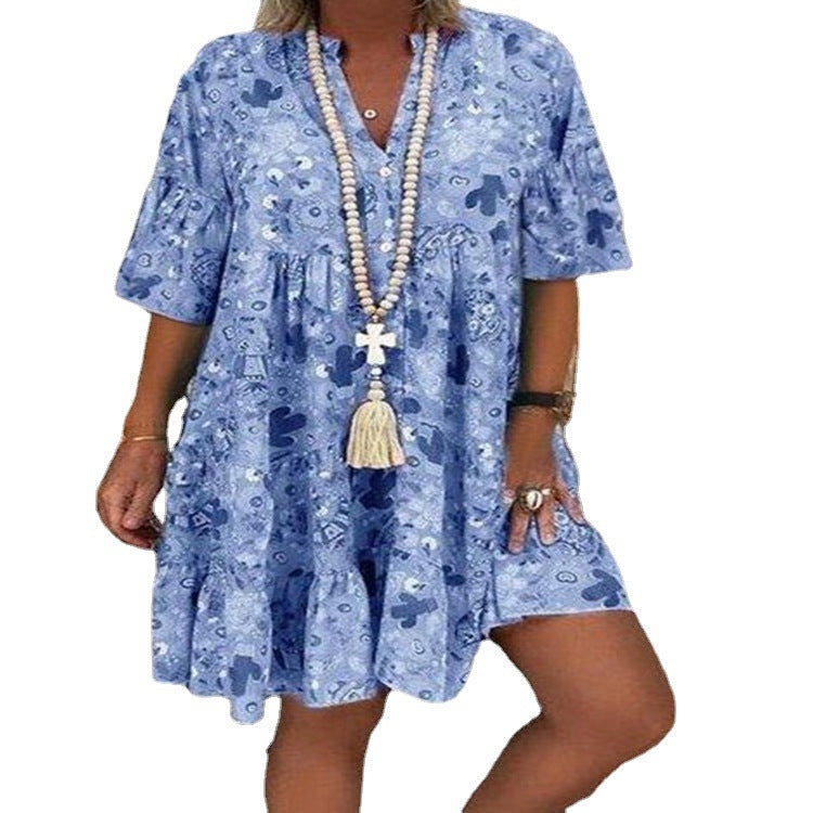 Damen nan A-Linien-Tunika-Minikleid mit V-Ausschnitt, stufigem Volant und Boho-Bandana-Print R&B