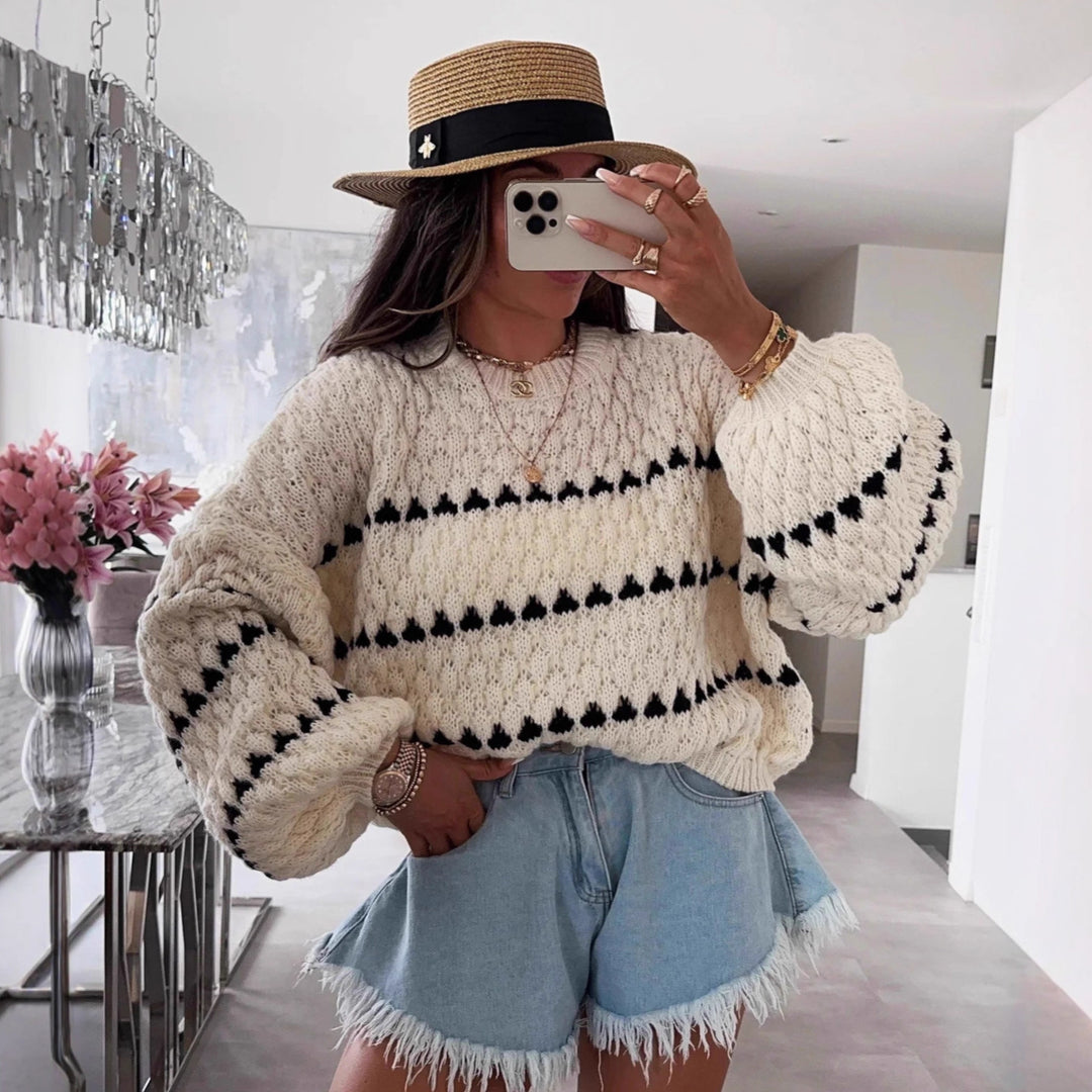 Damen Grobstrickpullover mit voluminösen Ärmeln und strukturiertem Muster R&B