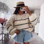 Damen Grobstrickpullover mit voluminösen Ärmeln und strukturiertem Muster R&B