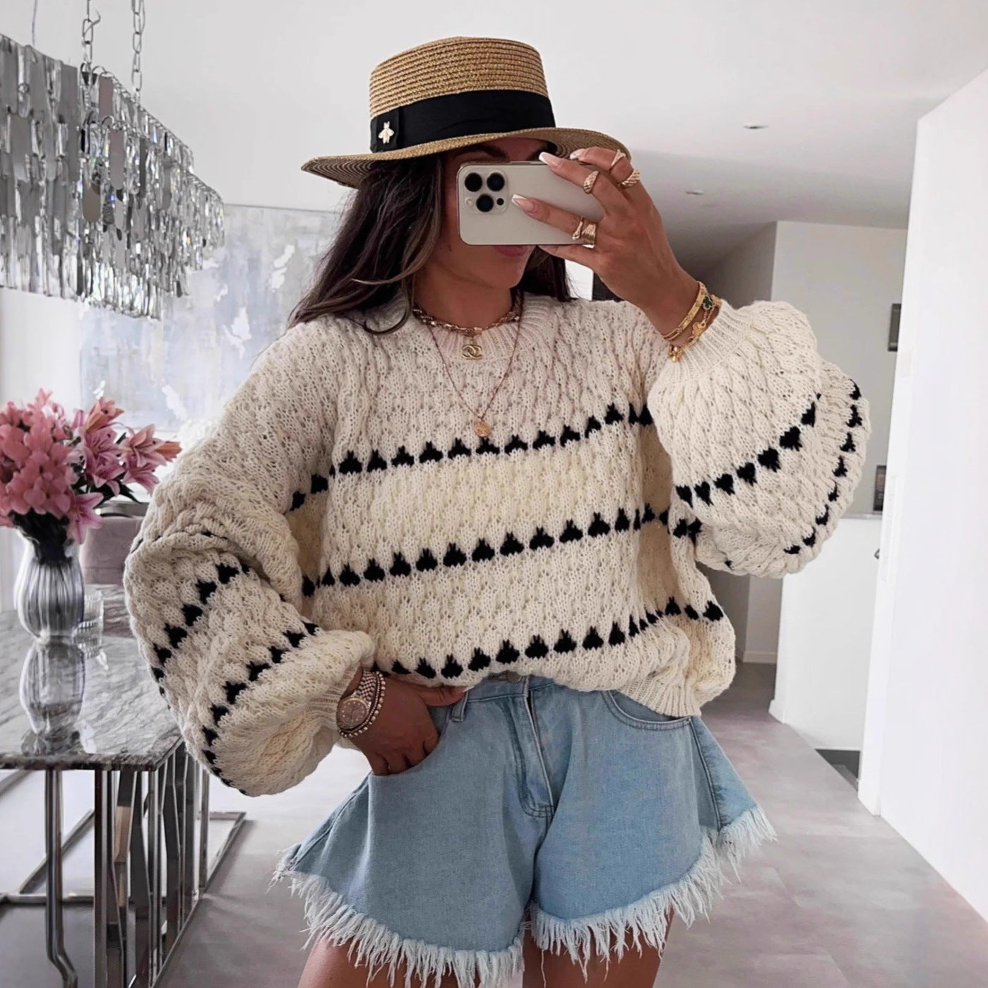 Damen Grobstrickpullover mit voluminösen Ärmeln und strukturiertem Muster R&B