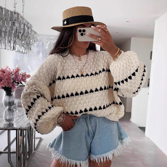 Damen Grobstrickpullover mit voluminösen Ärmeln und strukturiertem Muster R&B