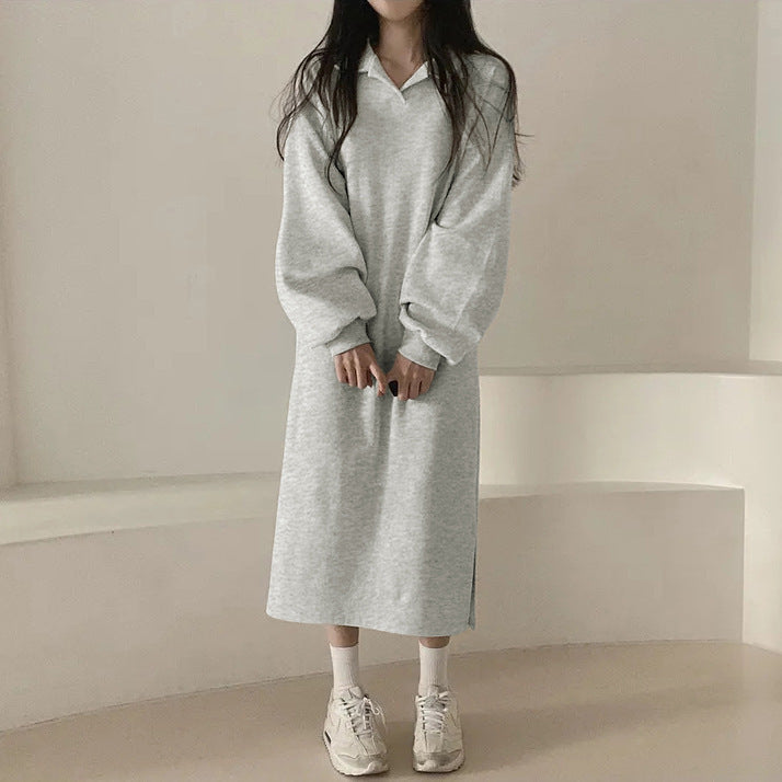 Damen elegantes Hoodie-Kleid mit lässigen Puffärmeln und seitlichem Schlitz