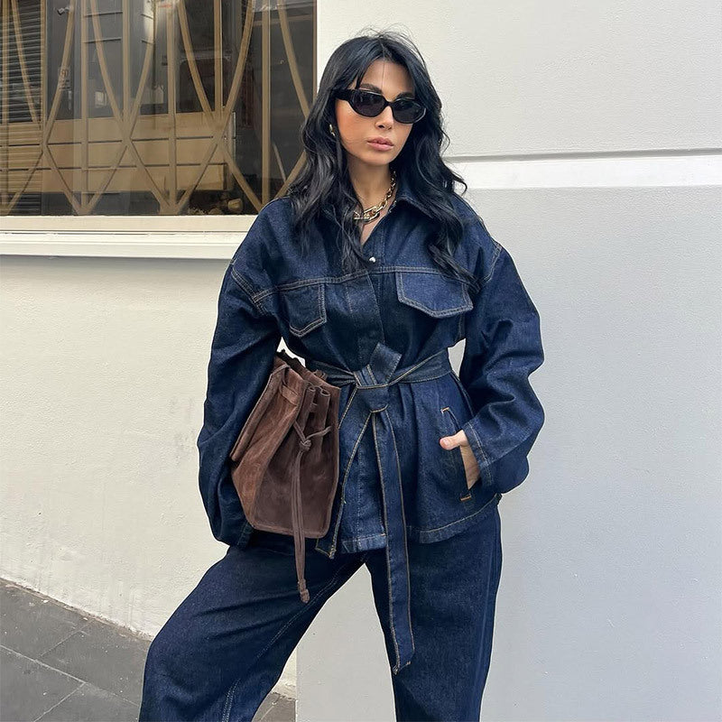 Damen lässige Denim-Jacke mit Gürtel und weitem Schnitt R&B
