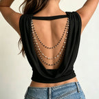 Damen elegantes Cowl Neck Tanktop mit feinen Perlenverzierungen R&B
