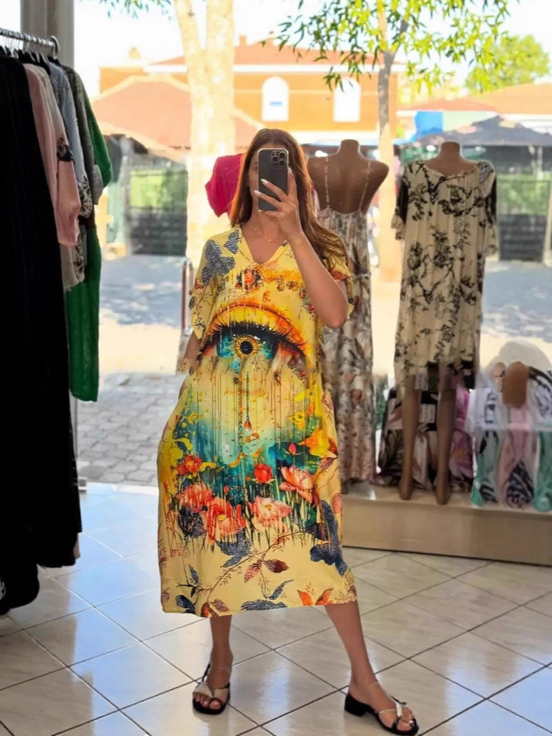Damen nan fließendes Maxi-Kaftankleid mit V-Ausschnitt und großflächigem Aquarell-Blumenprint R&B