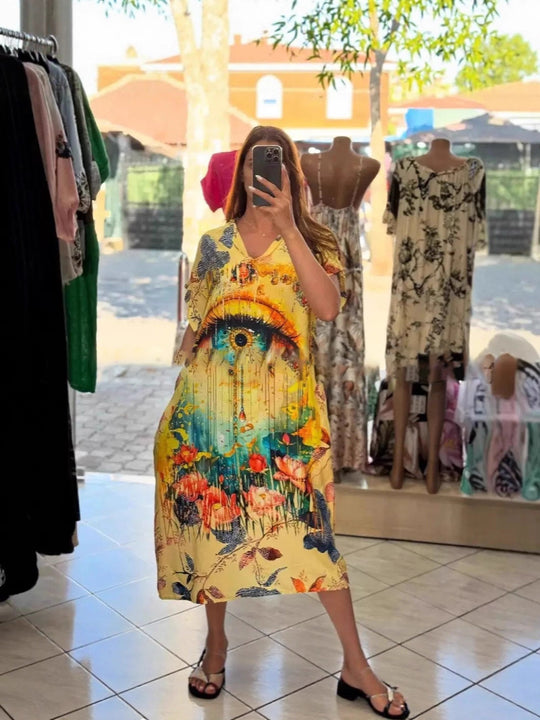 Damen nan fließendes Maxi-Kaftankleid mit V-Ausschnitt und großflächigem Aquarell-Blumenprint R&B