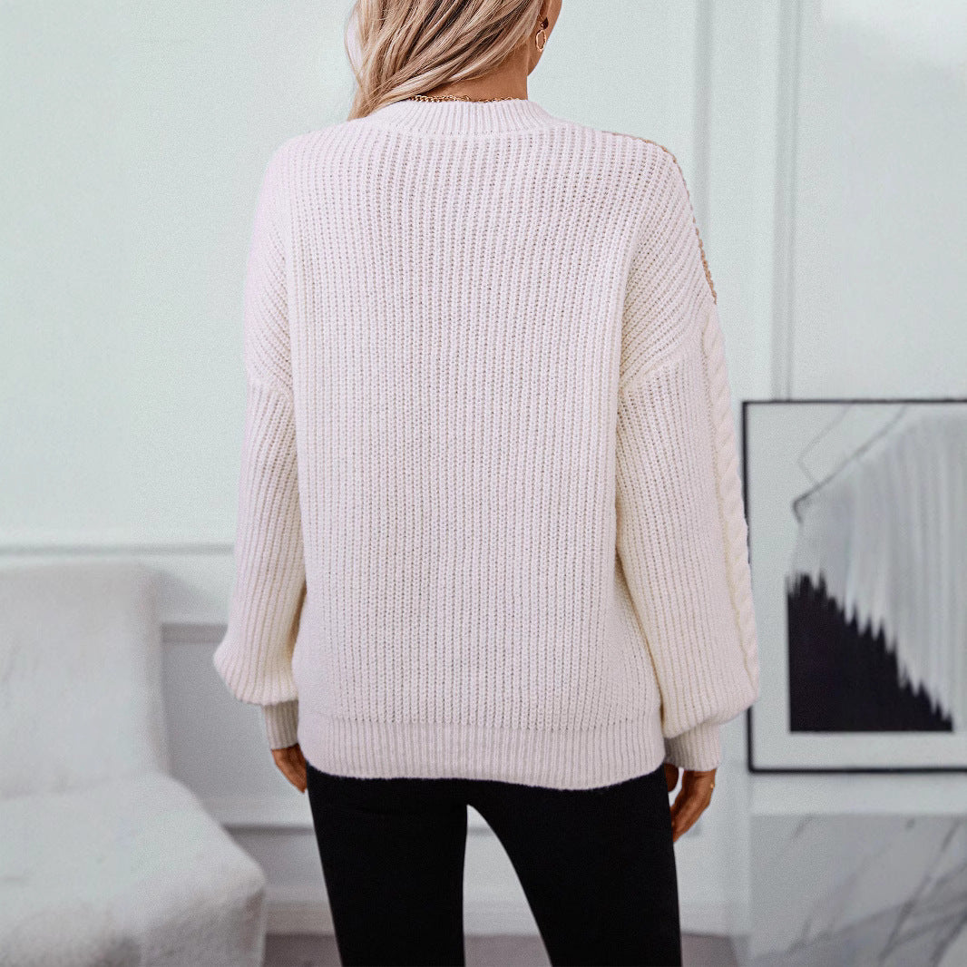 Damen Strickpullover mit modernen Farbblocklinien und Zopfmuster R&B