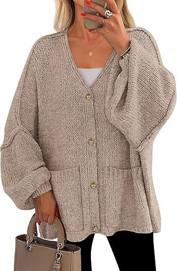 Damen Oversized Strickjacke mit Knöpfen und großen Taschen R&B