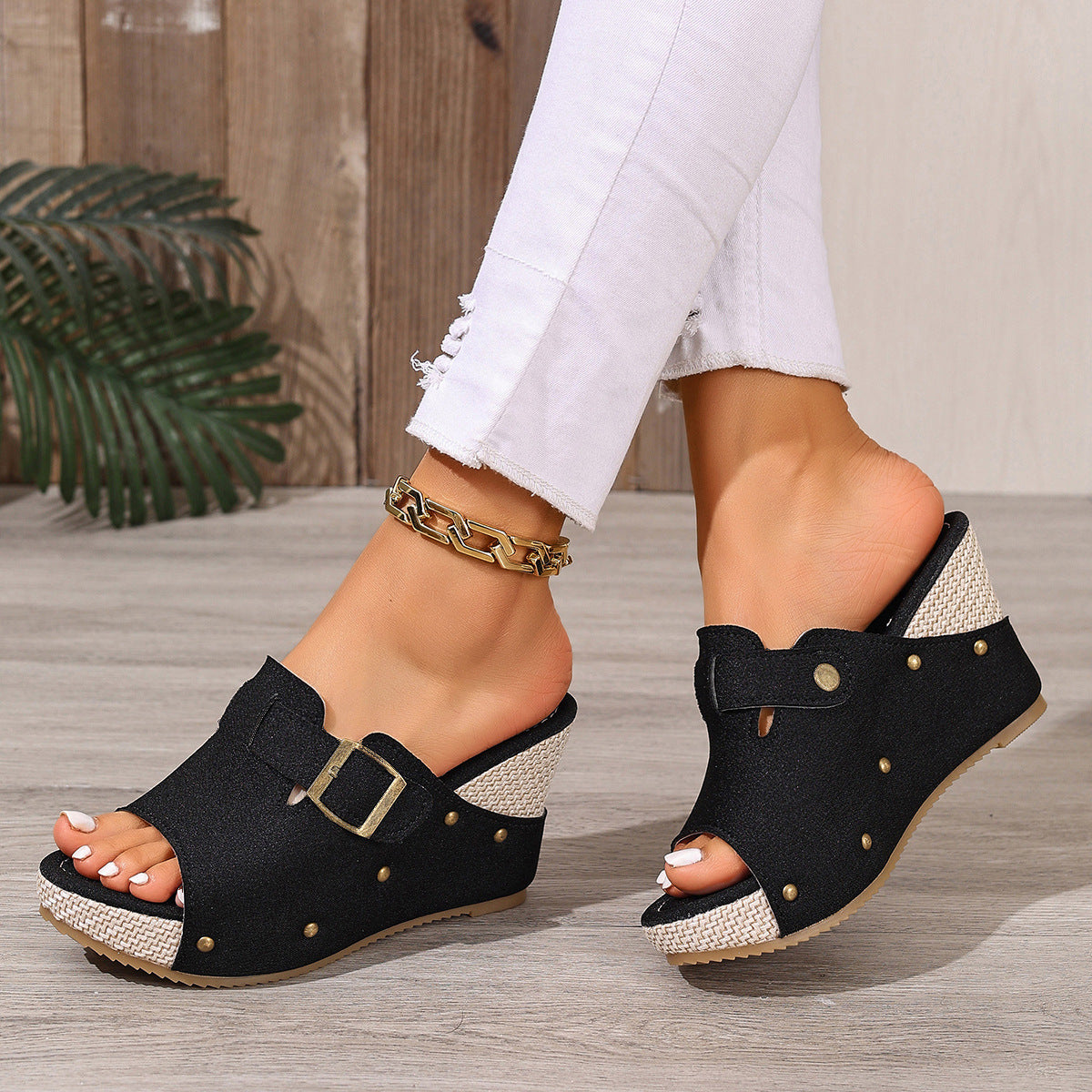 Damen Wedge-Pantoletten mit modischem Schnallen-Design und hochwertigem Obermaterial R&B