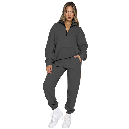 Damen gemütlicher Two-Piece Sweatsuit mit halbem Reißverschluss und praktischen Taschen R&B