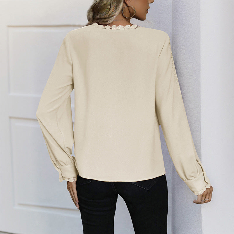 Damen elegante Bluse mit Spitzenakzenten und Knopfleiste R&B