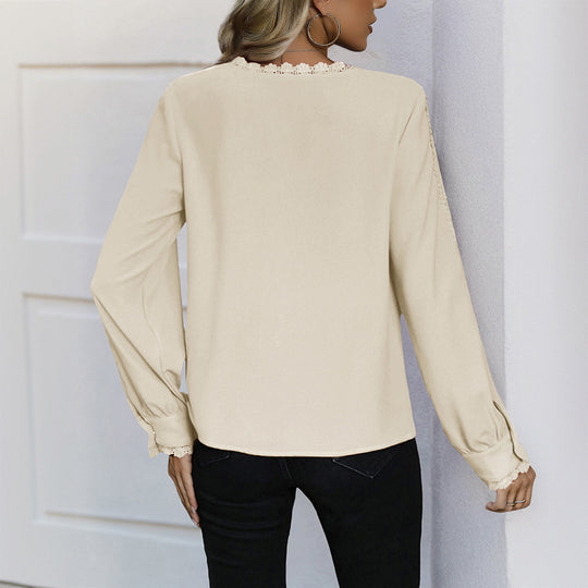 Damen elegante Bluse mit Spitzenakzenten und Knopfleiste R&B