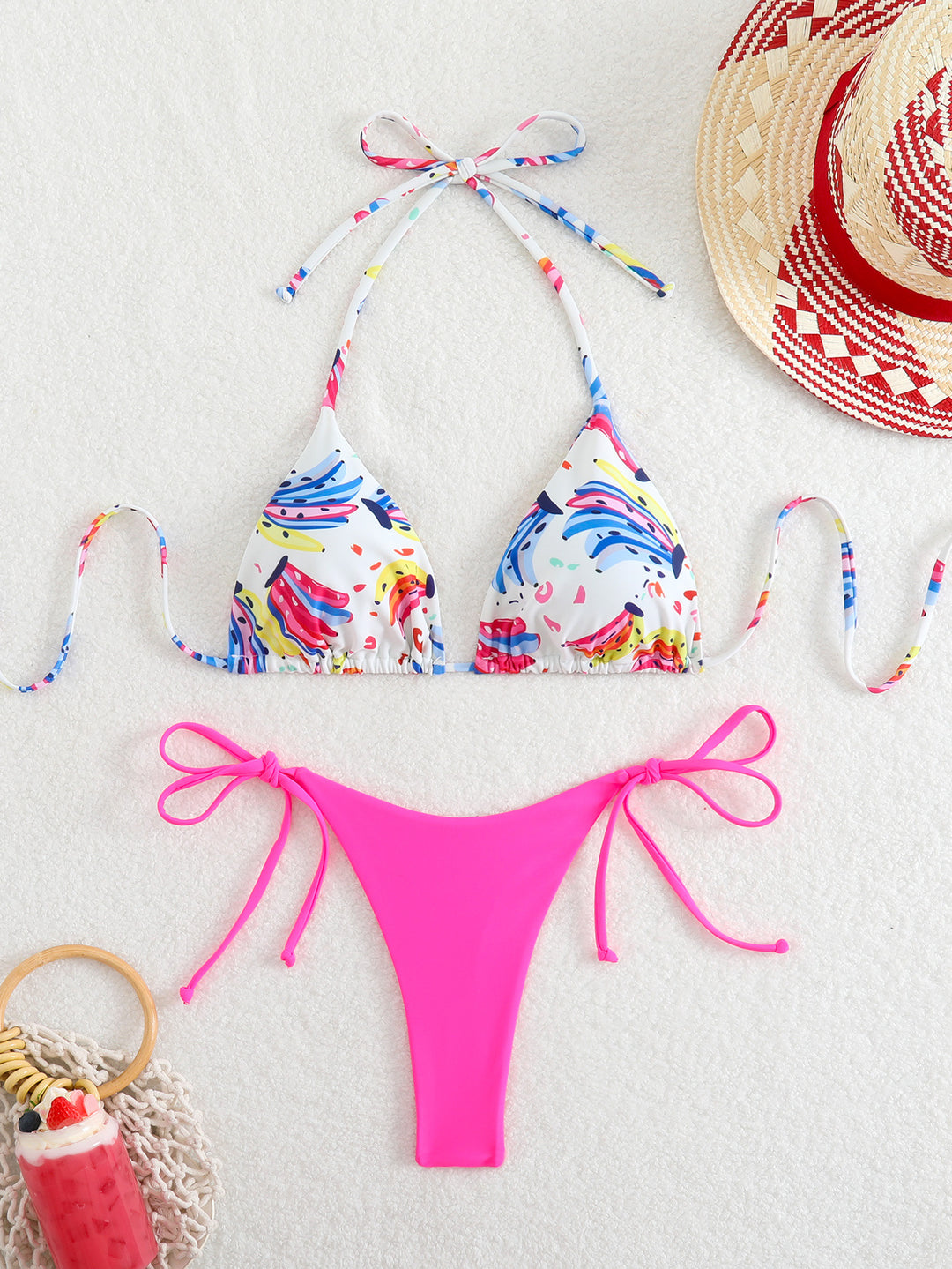 Damen Triangel-Bikini mit verspieltem Farbdesign und verstellbaren Bindebändern R&B