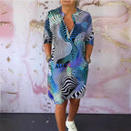 Damen nan locker fallendes V-Ausschnitt Jerseykleid mit abstraktem Wellenprint und knielangem Schnitt R&B