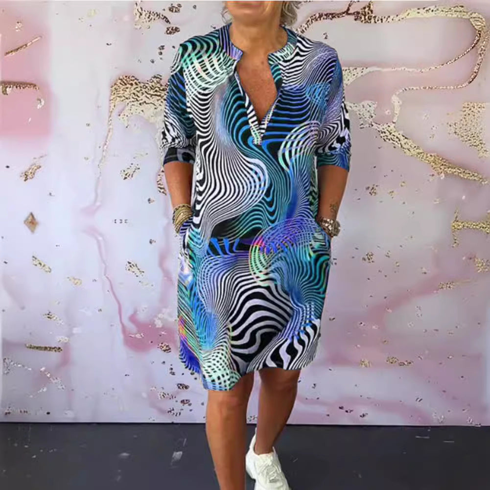 Damen nan locker fallendes V-Ausschnitt Jerseykleid mit abstraktem Wellenprint und knielangem Schnitt R&B