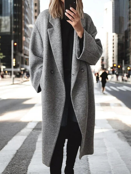 Damen Oversized Wollmantel mit doppelt-knöpfigem Design und lässigem Schnitt R&B
