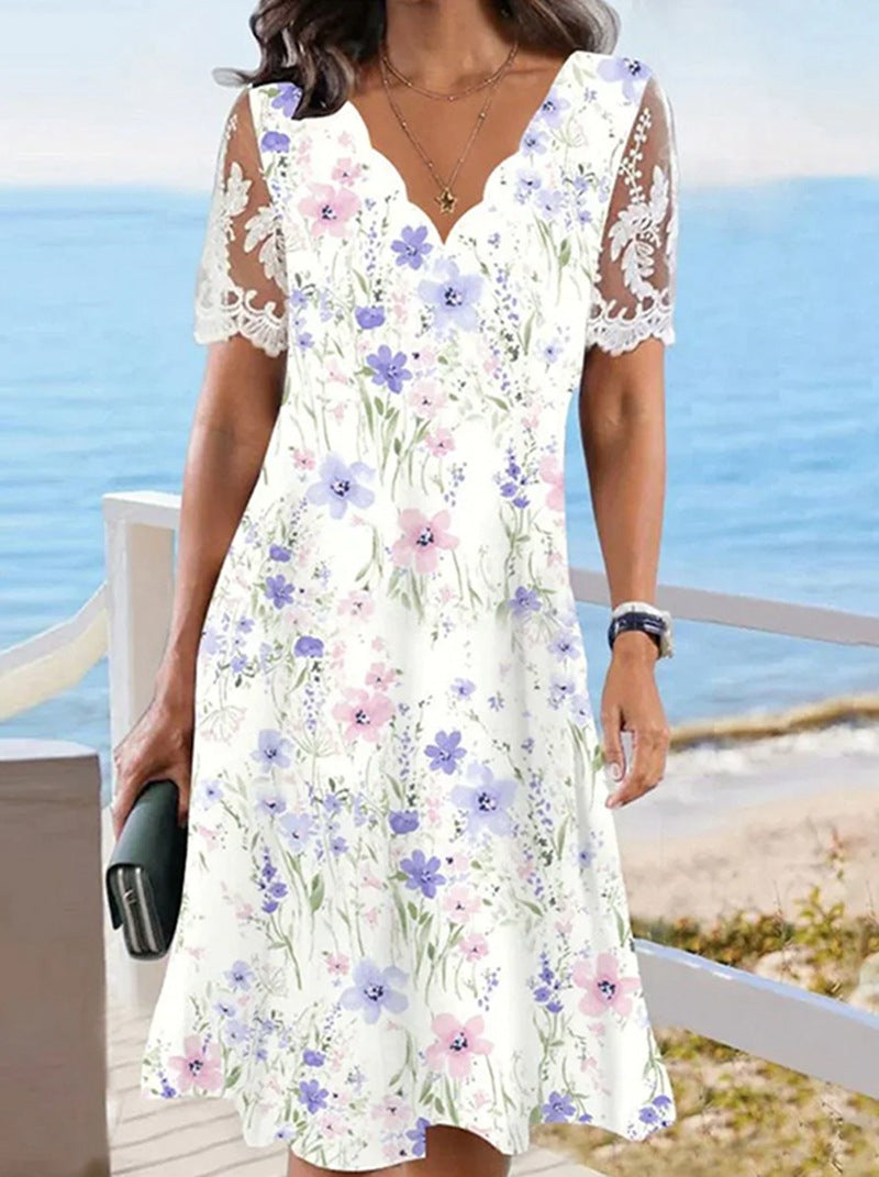 Damen nan A-Linien-Midikleid mit wellenförmigem V-Ausschnitt, ganzflächigem Blumenmuster und transparenten Spitzenärmeln R&B