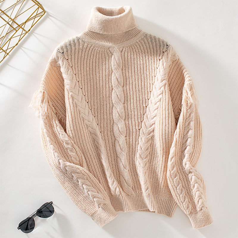 Damen Strickpullover mit hohem Kragen und Zopfmuster