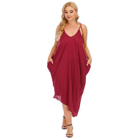 Damen lässiges Maxikleid mit tiefem V-Ausschnitt und Seitentaschen R&B