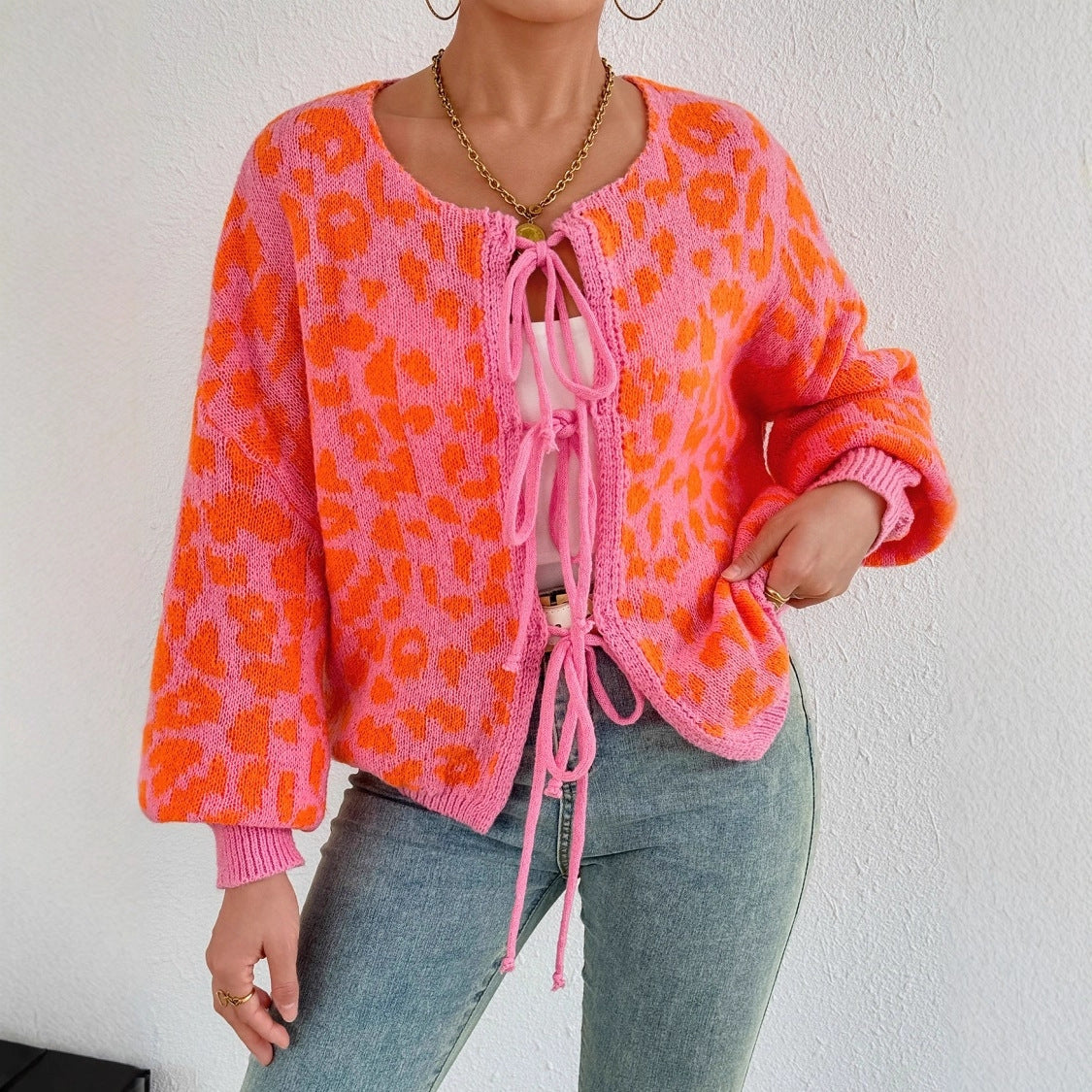 Damen Strickjacke mit einzigartigem Leopardenmuster und verstellbarem Kordelzug R&B