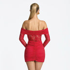 Damen elegantes Spitzenkleid mit Off-Shoulder-Ausschnitt und Raffungen R&B