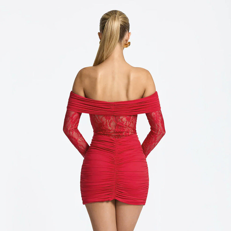 Damen elegantes Spitzenkleid mit Off-Shoulder-Ausschnitt und Raffungen R&B