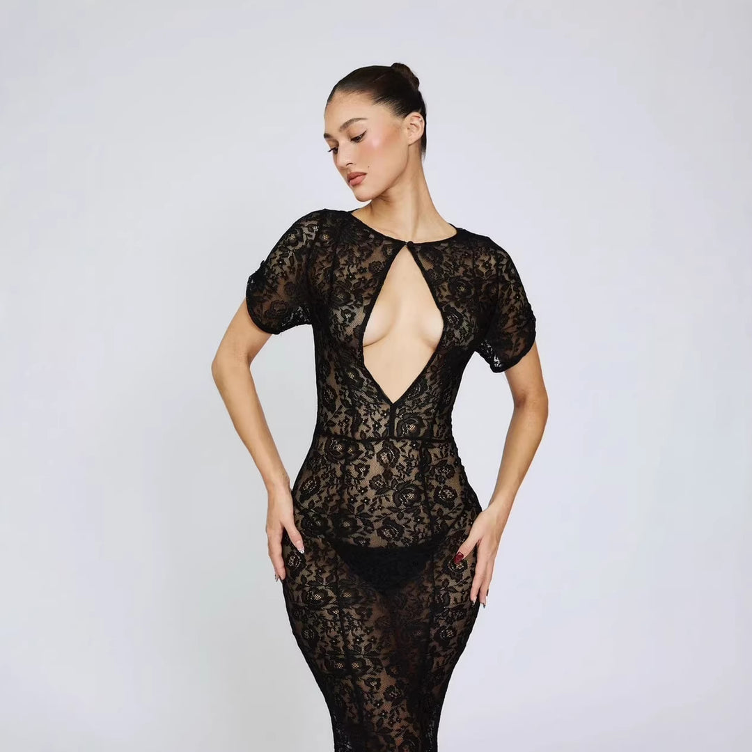 Damen Spitzenkleid mit tiefem Ausschnitt und ausgestelltem Schnitt R&B
