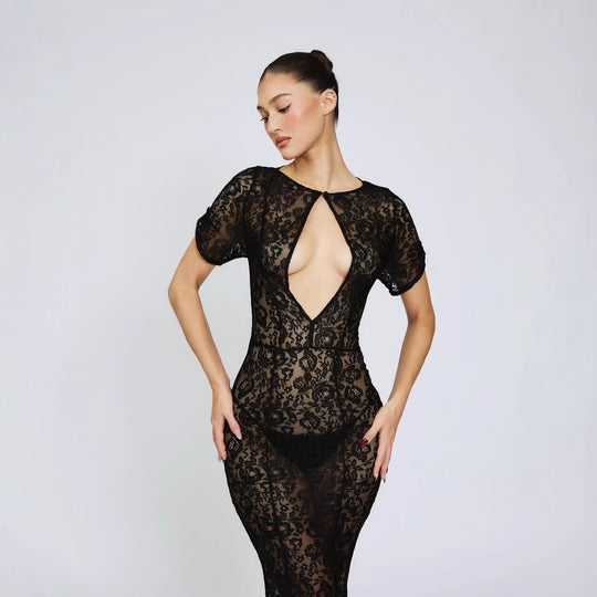 Damen Spitzenkleid mit tiefem Ausschnitt und ausgestelltem Schnitt R&B