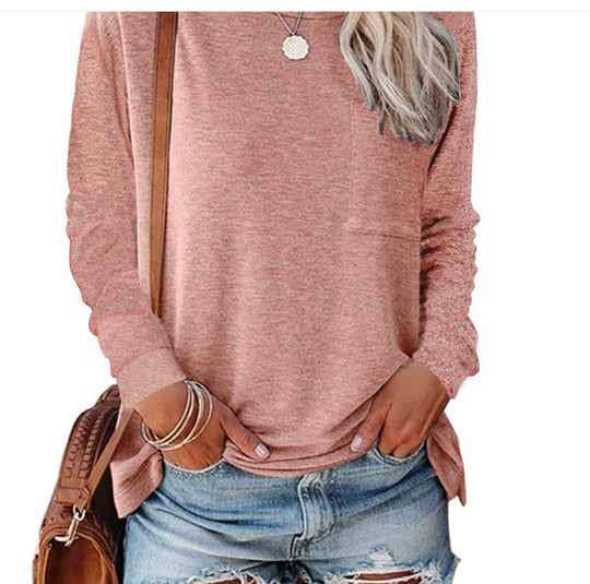 Damen lässiges Langarmshirt mit Taschen und Rundhalsausschnitt R&B
