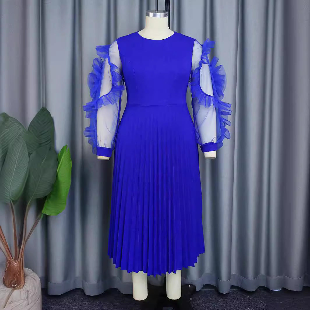 Damen plissiertes Kleid mit voluminösen Tüllärmeln R&B