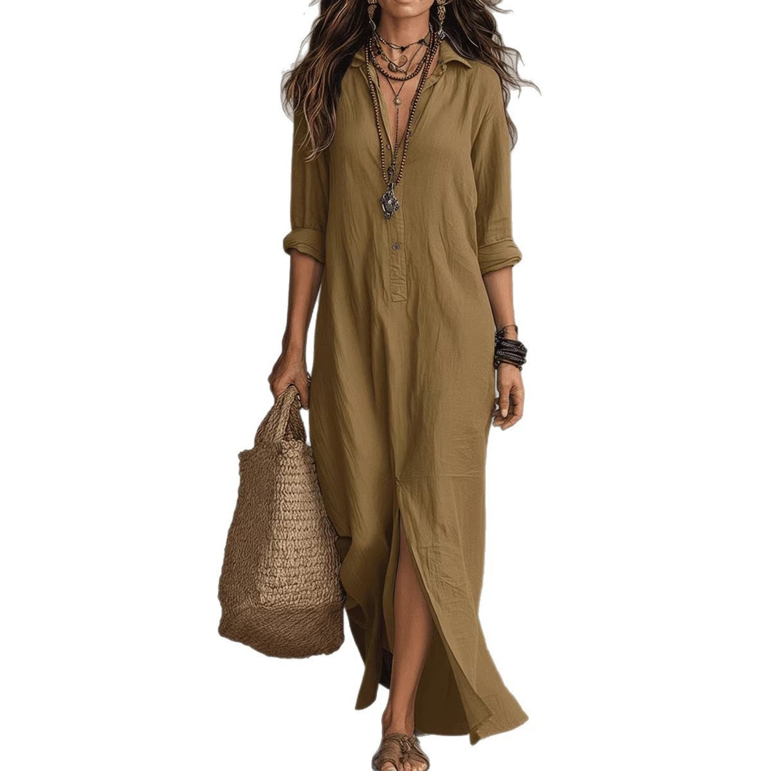 Damen Langes Hemdkleid mit Knopfverschluss und seitlichem Schlitz R&B