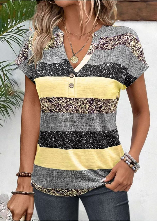 Damen Kurzarm Blusenshirt mit ansprechendem Streifendesign und dekorativen Knopfdetails Heidi-Mode