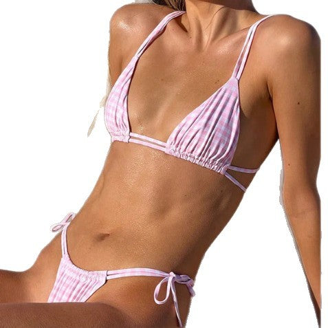 Damen Triangel-Bikini mit anpassbaren Trägern und zartem Karomuster R&B