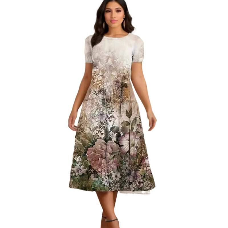 Damen Elegantes Maxikleid mit floralem Design und zartem Rundhalsausschnitt R&B