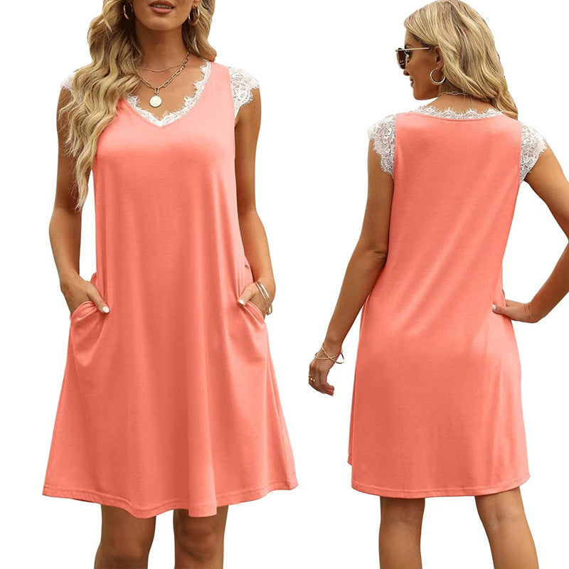 Damen ärmelloses Kleid mit Spitzendetail und seitlichen Taschen R&B