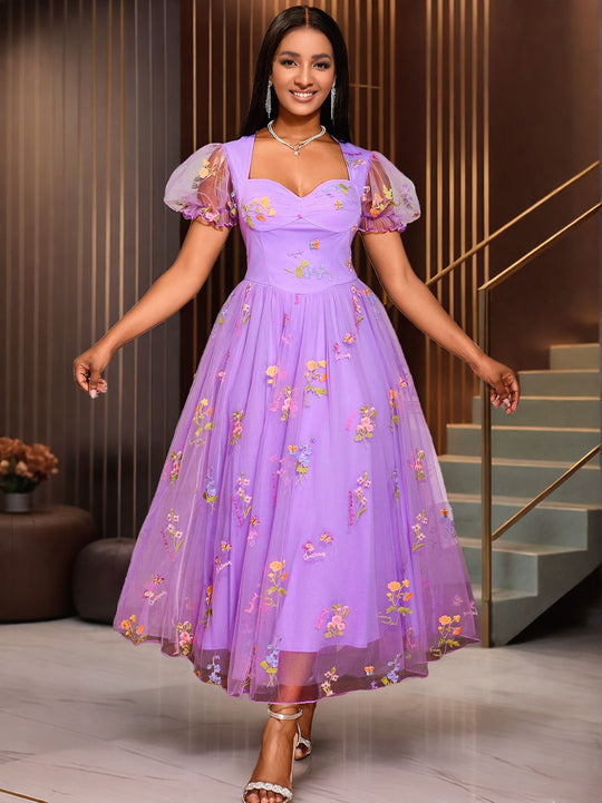 Damen Festliches Kleid mit floraler Stickerei und schwingendem Tüllrock R&B