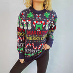 Damen weihnachtlicher Pullover mit bunten Motiven und lustigen Applikationen R&B