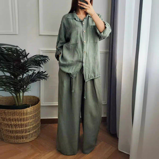 Damen Leinen-Set mit weiten Hosen undlässiger Bluse R&B