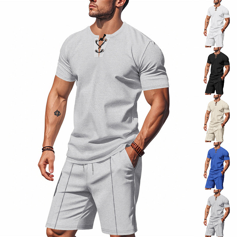 Herren nan kurzärmeliges Schnürkragen-Shirt im Waffeljersey mit Bundfalten-Bermuda R&B
