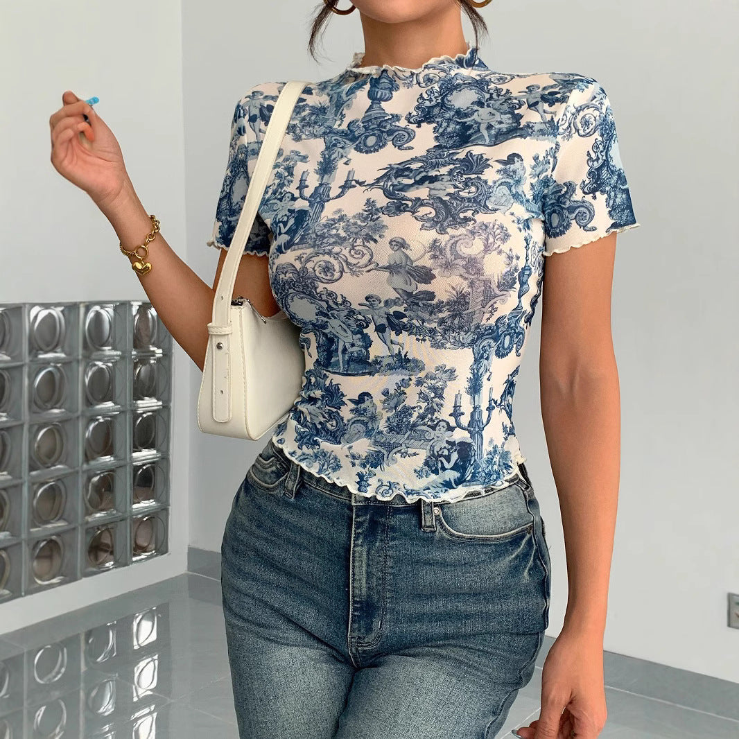 Damen Kurzes T-Shirt mit kreativem Druck und elegantem Stehkragen R&B