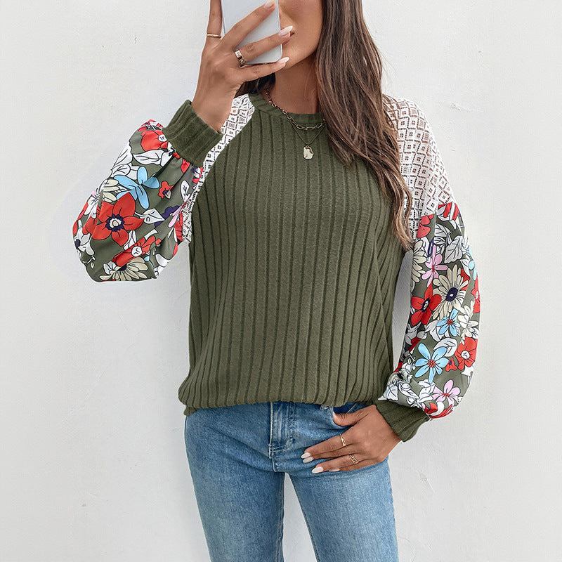 Damen modischer Pullover mit floralem Ärmel-Detail und strukturiertem Stoff