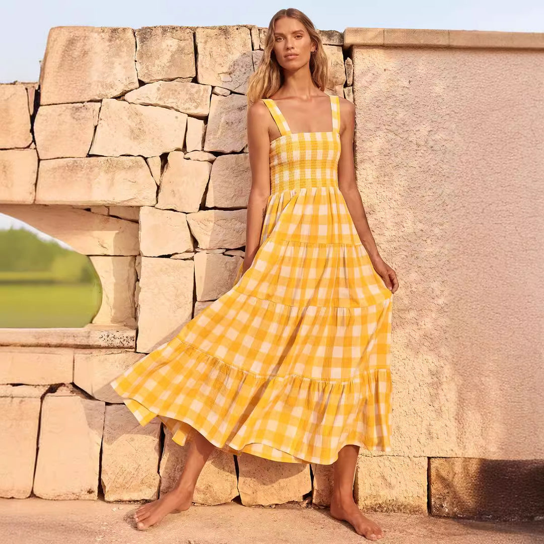 Damen Sommerliches Maxikleid mit kariertem Design und Trägern R&B