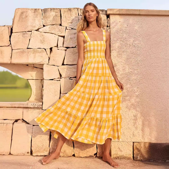 Damen Sommerliches Maxikleid mit kariertem Design und Trägern R&B