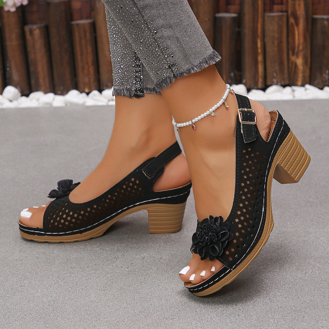 Damen Offene Zehen-Sandalen mit floralem Lochdesign und bequemen Blockabsatz Heidi-Mode