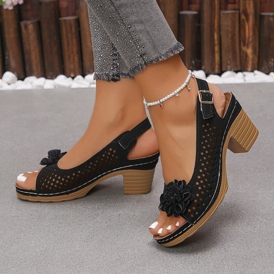 Damen Offene Zehen-Sandalen mit floralem Lochdesign und bequemen Blockabsatz Heidi-Mode
